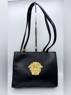 Gianni Versace Vintage 90s Medusa Black Leather Shoulder Bag Gold Hardware COA